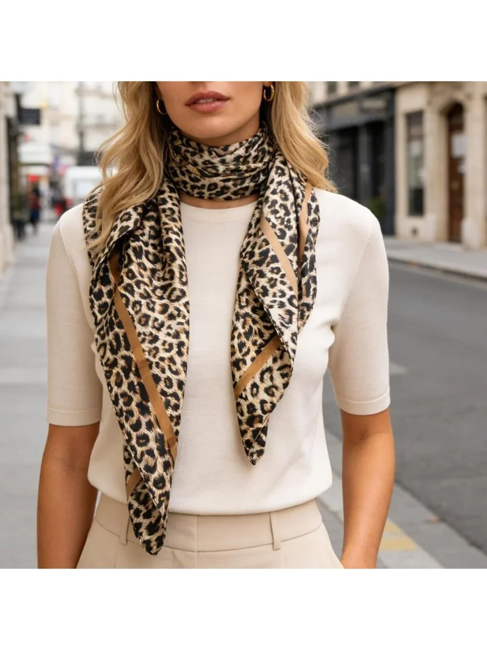 Vintage Leopard Print Square Scarf Silk Feeling Bandana for Women